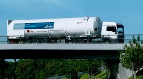 Bulk Gas Truck. Hydrogen supply and transport - Container vehicle for liquid hydrogen on a bridge, shooted from below.